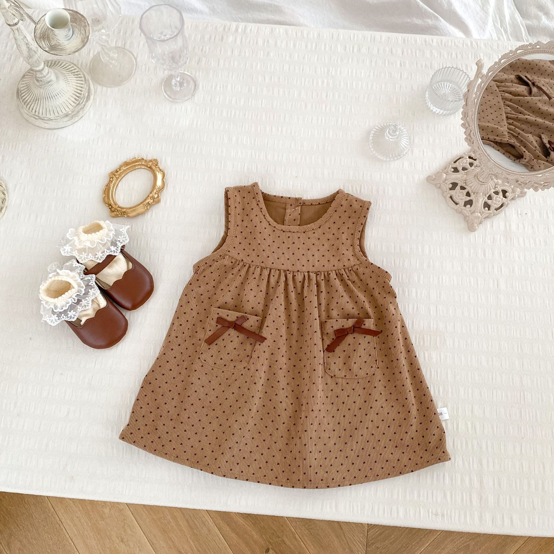 Autumn Baby Girls Long Sleeves Simple Knitted Top in beige and brown with a dots pattern, perfect for cooler weather.