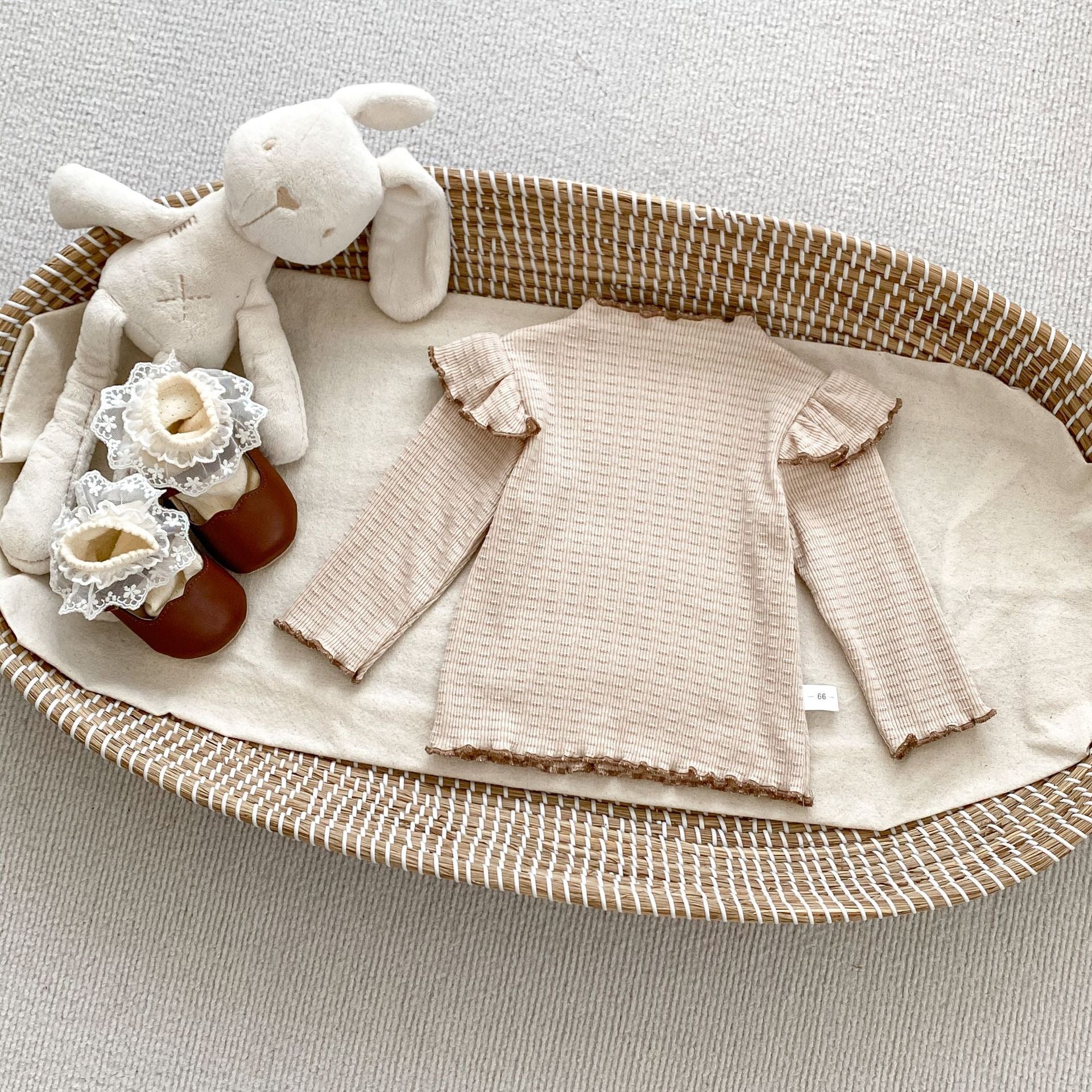 Autumn Baby Girls Long Sleeves Simple Knitted Top in beige and brown with a dots pattern, perfect for cooler weather.