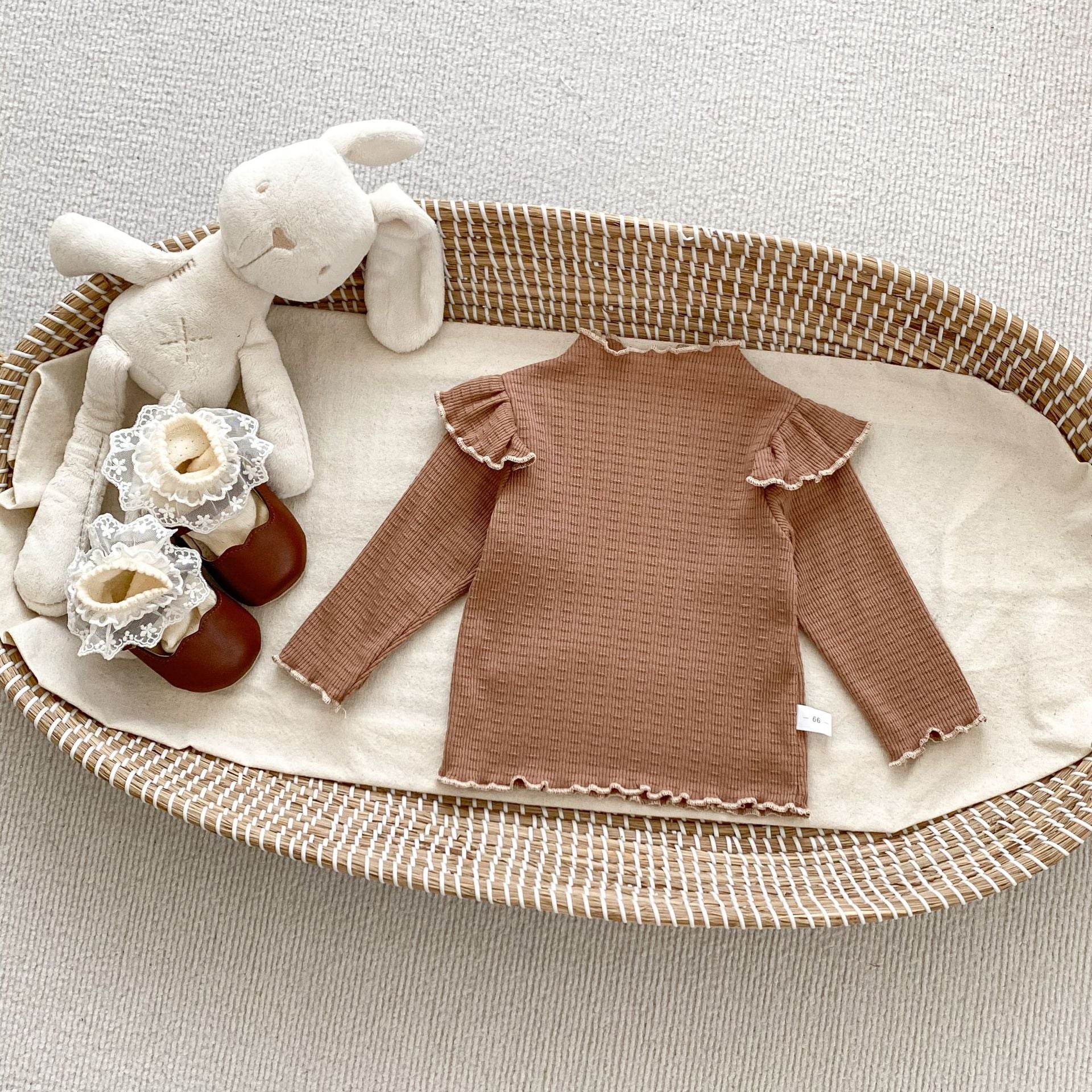 Autumn Baby Girls Long Sleeves Simple Knitted Top in beige and brown with a dots pattern, perfect for cooler weather.