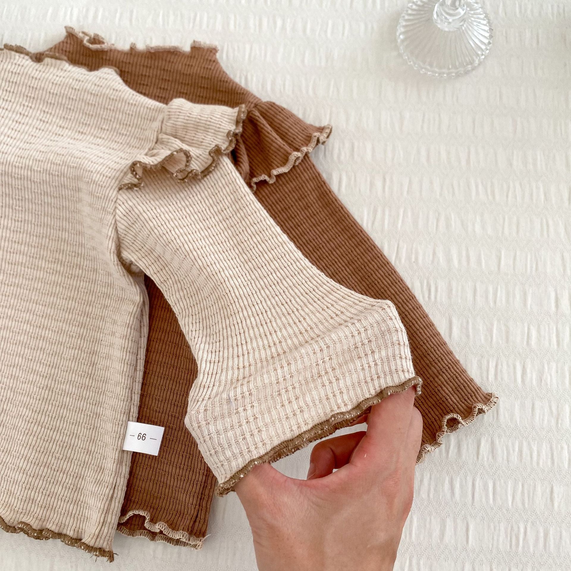 Autumn Baby Girls Long Sleeves Simple Knitted Top in beige and brown with a dots pattern, perfect for cooler weather.