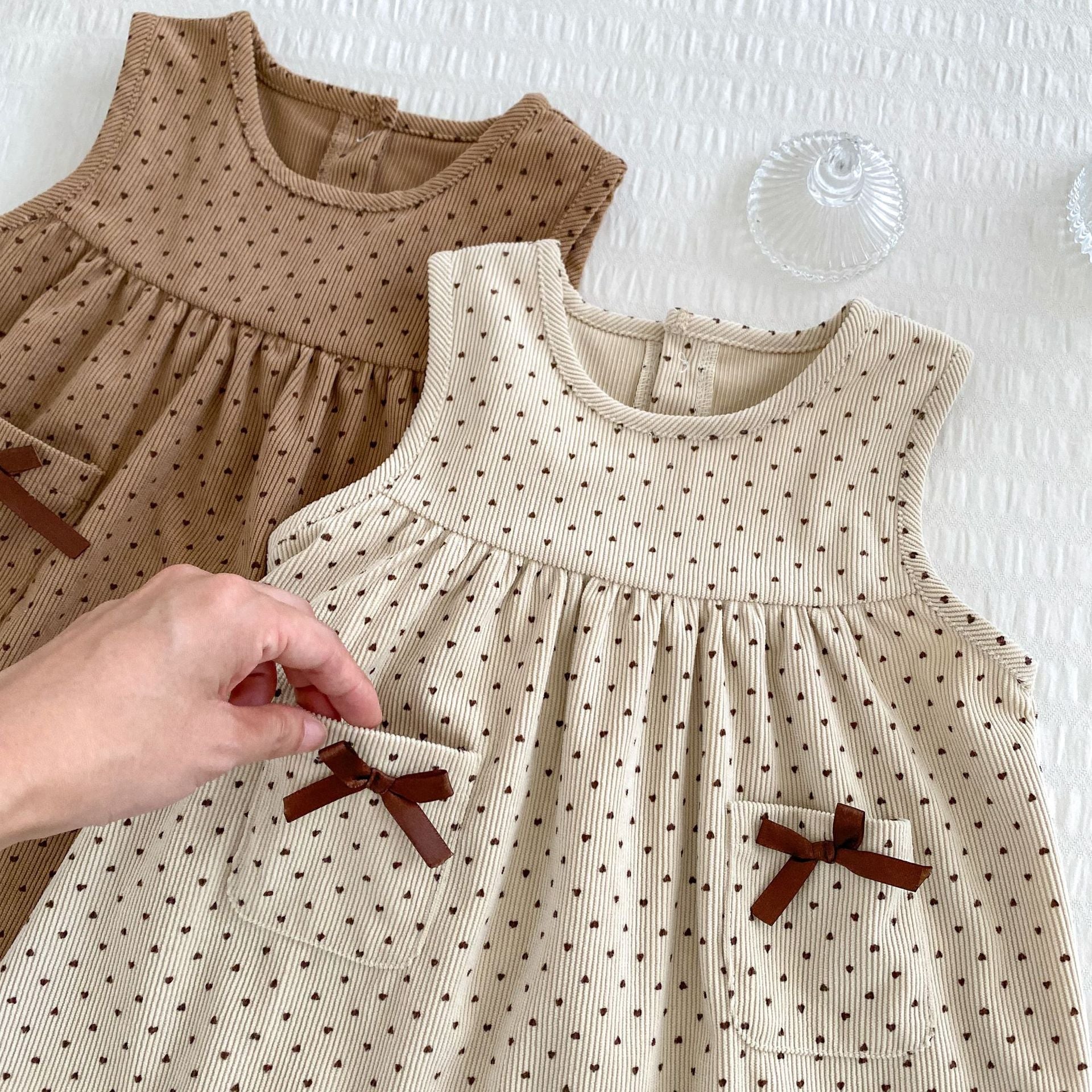 Autumn Baby Girls Long Sleeves Simple Knitted Top in beige and brown with a dots pattern, perfect for cooler weather.