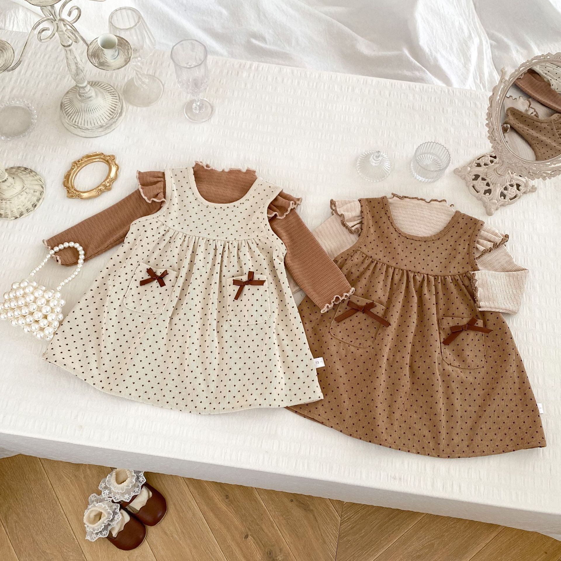 Autumn Baby Girls Long Sleeves Simple Knitted Top in beige and brown with a dots pattern, perfect for cooler weather.