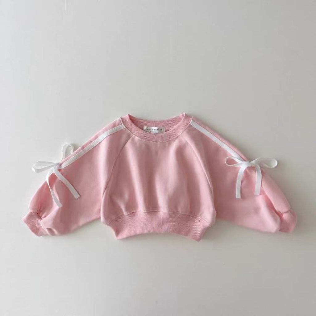 Autumn Baby Kids Girls Casual Bows Tied Pullover and Pants in pink and yellow, featuring a cute patchwork design.