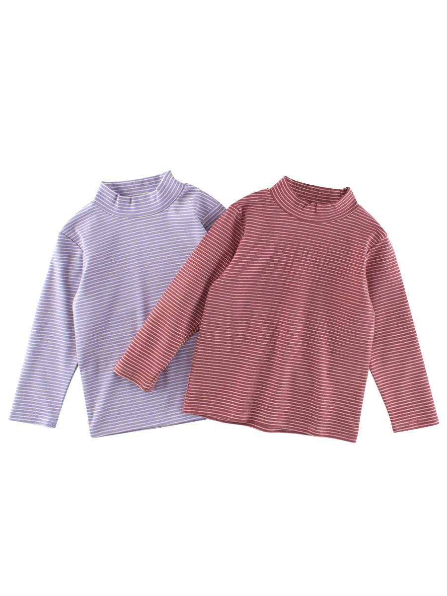 Autumn Baby Girls Striped Long Sleeves Turtle Neck Top in red and purple, showcasing soft cotton fabric and stylish design.