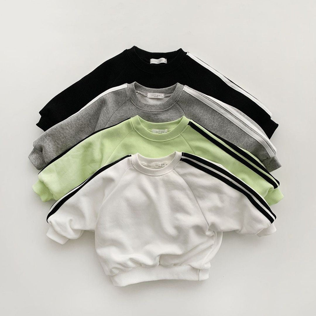 Autumn Baby Kids Unisex Casual Striped Long Sleeves Pullover and Pants in White, Black, Green, and Grey colors, showcasing a stylish and comfortable design.