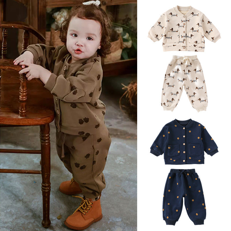 Autumn Baby Kids Unisex Long Sleeves Cartoon Print Coat in blue, green, and beige colors, showcasing a playful cartoon design.