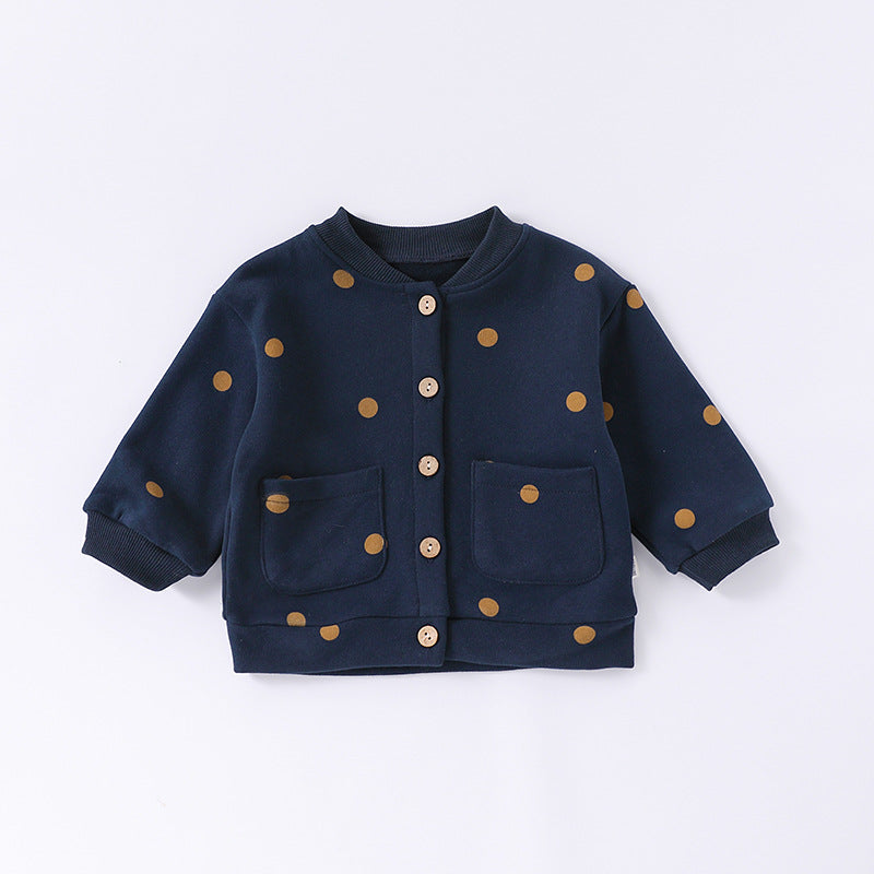 Autumn Baby Kids Unisex Long Sleeves Cartoon Print Coat in blue, green, and beige colors, showcasing a playful cartoon design.