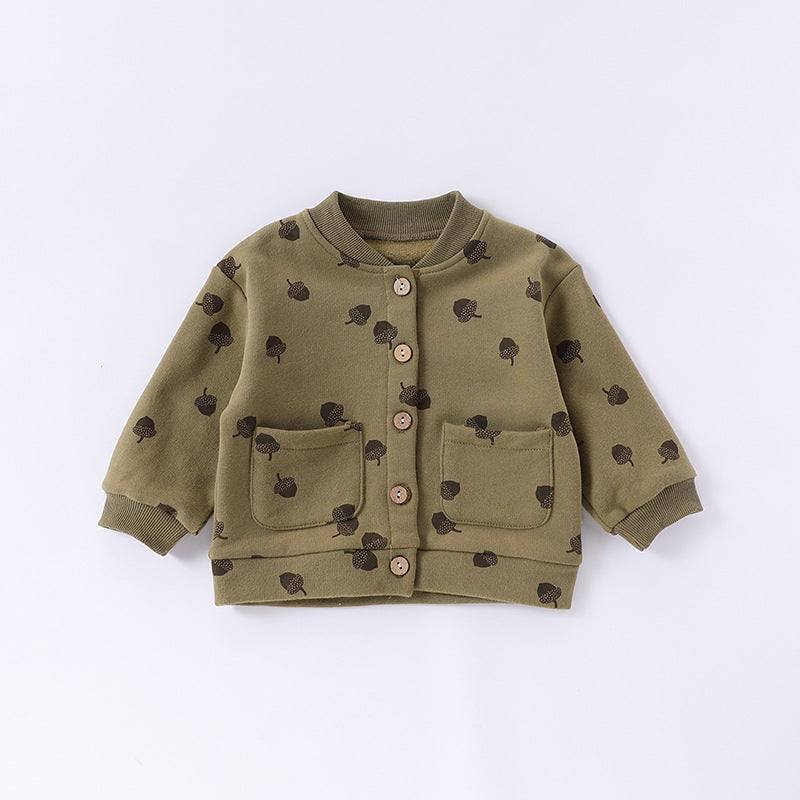 Autumn Baby Kids Unisex Long Sleeves Cartoon Print Coat in blue, green, and beige colors, showcasing a playful cartoon design.