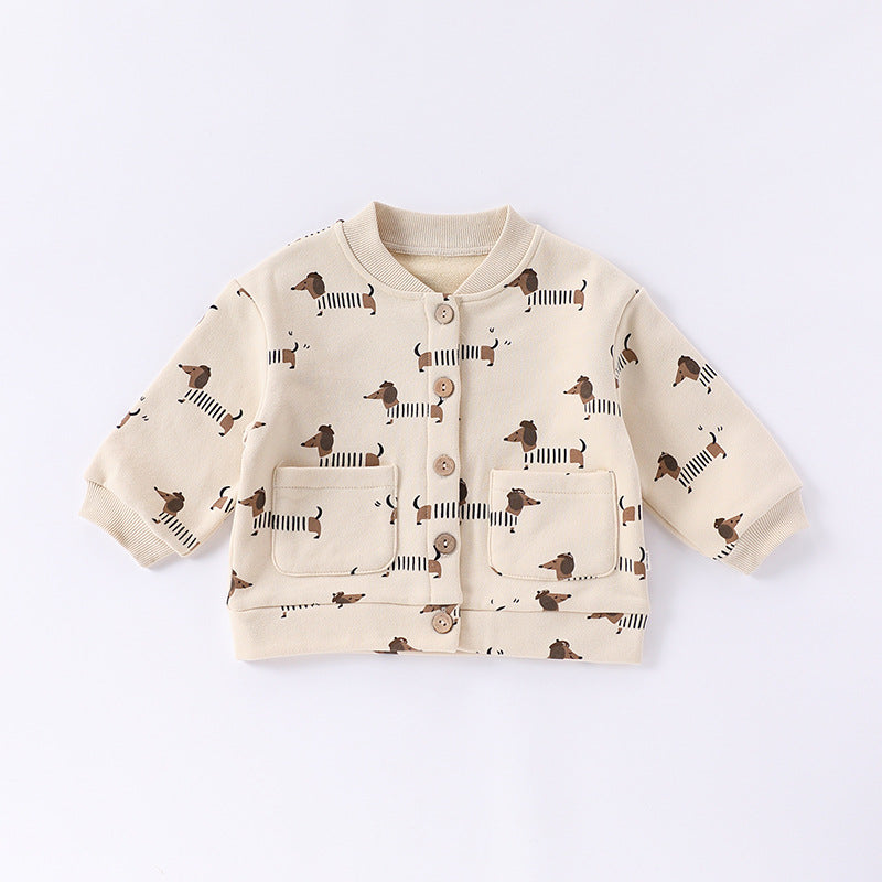 Autumn Baby Kids Unisex Long Sleeves Cartoon Print Coat in blue, green, and beige colors, showcasing a playful cartoon design.