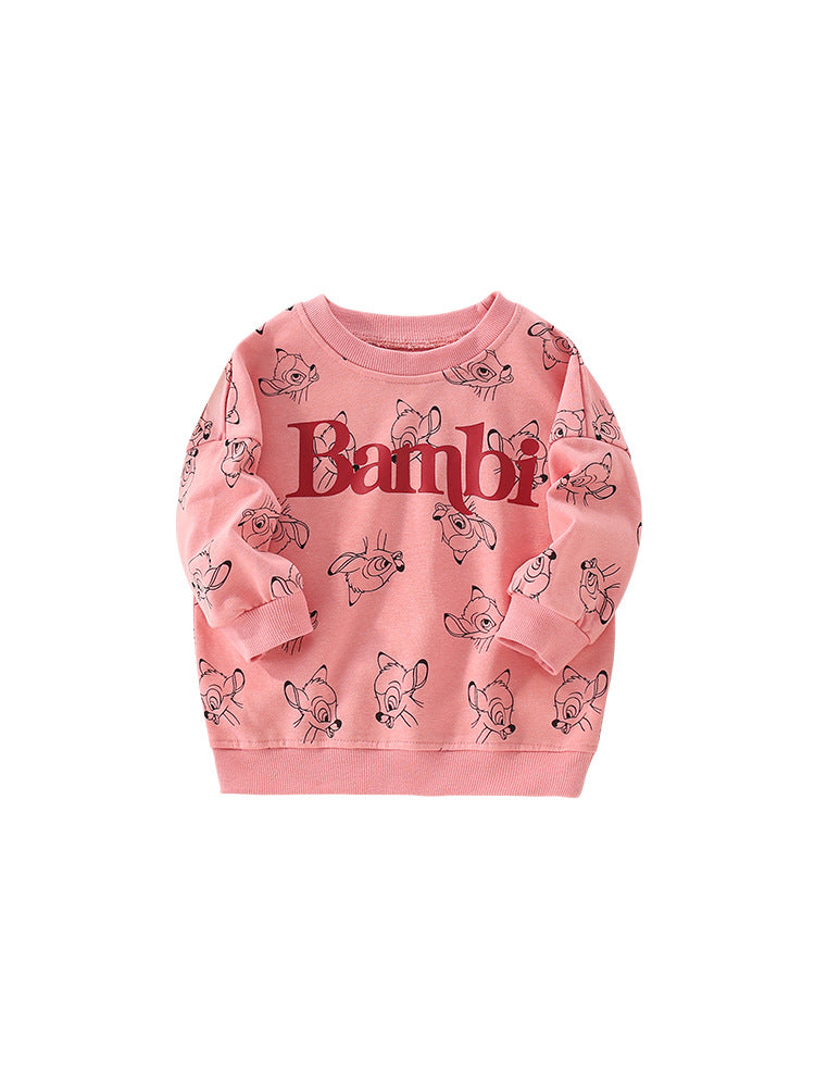 Pink Autumn Casual Print Pattern Pullover Hoodie for baby girls, featuring a cute cartoon design and made from soft cotton material.
