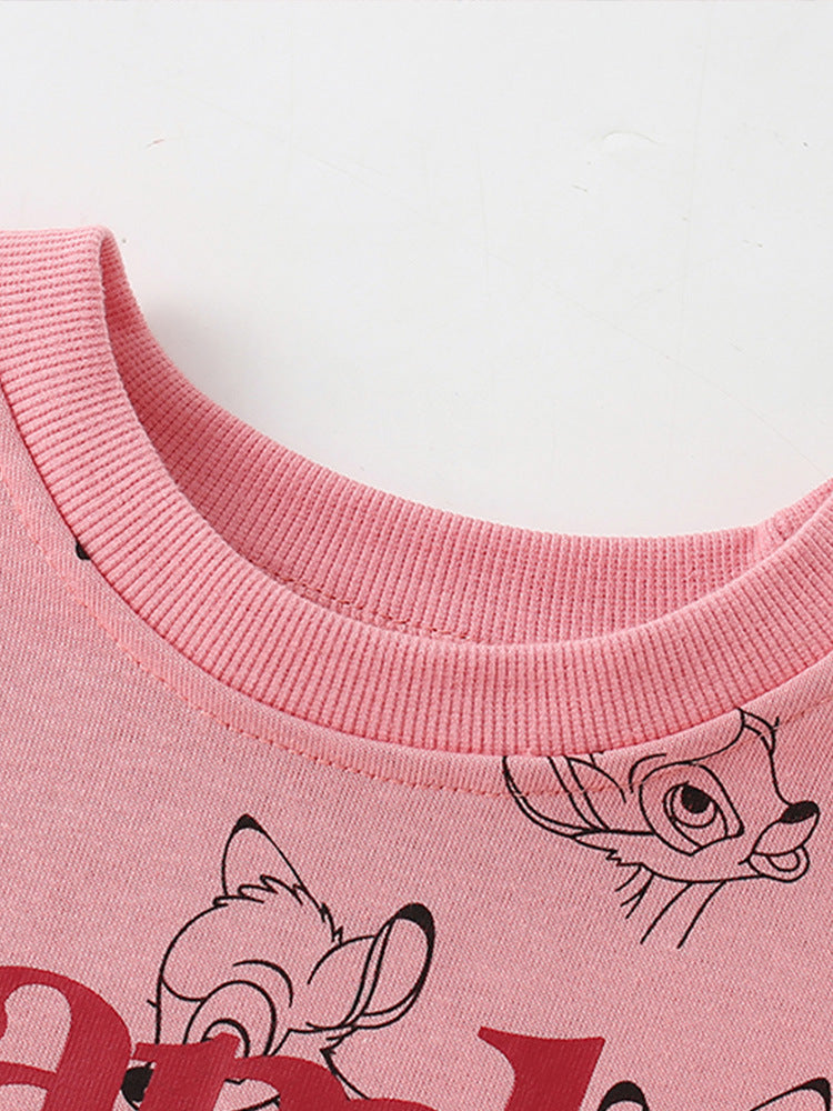 Pink Autumn Casual Print Pattern Pullover Hoodie for baby girls, featuring a cute cartoon design and made from soft cotton material.