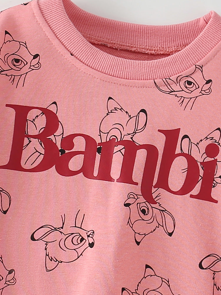 Pink Autumn Casual Print Pattern Pullover Hoodie for baby girls, featuring a cute cartoon design and made from soft cotton material.