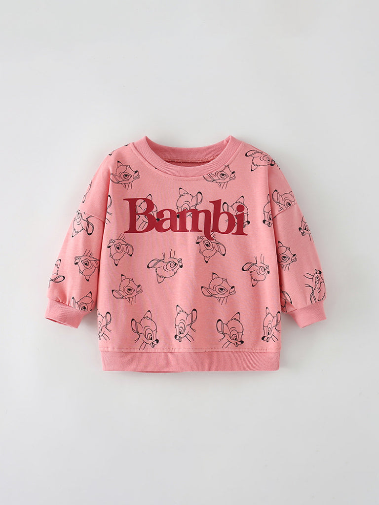 Pink Autumn Casual Print Pattern Pullover Hoodie for baby girls, featuring a cute cartoon design and made from soft cotton material.