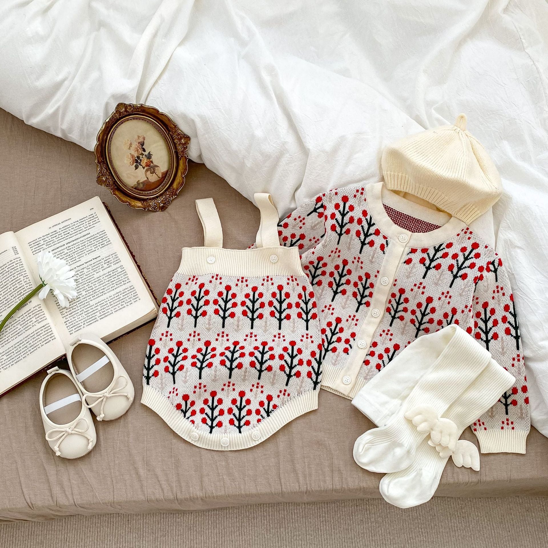 Autumn Flower Pattern Knitwears Cardigan and Onesies for baby girls in white, beige, and apricot colors, showcasing floral designs.