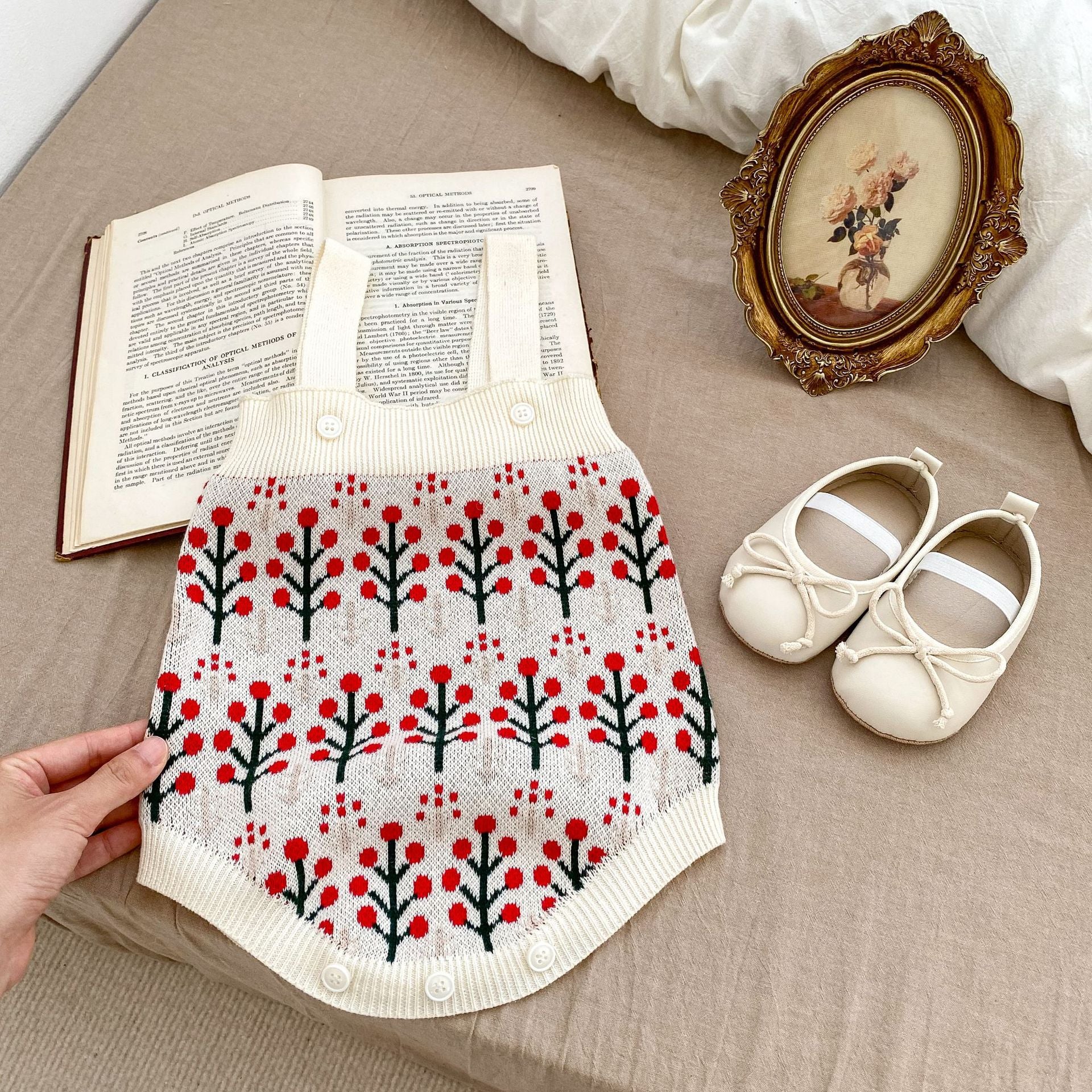 Autumn Flower Pattern Knitwears Cardigan and Onesies for baby girls in white, beige, and apricot colors, showcasing floral designs.