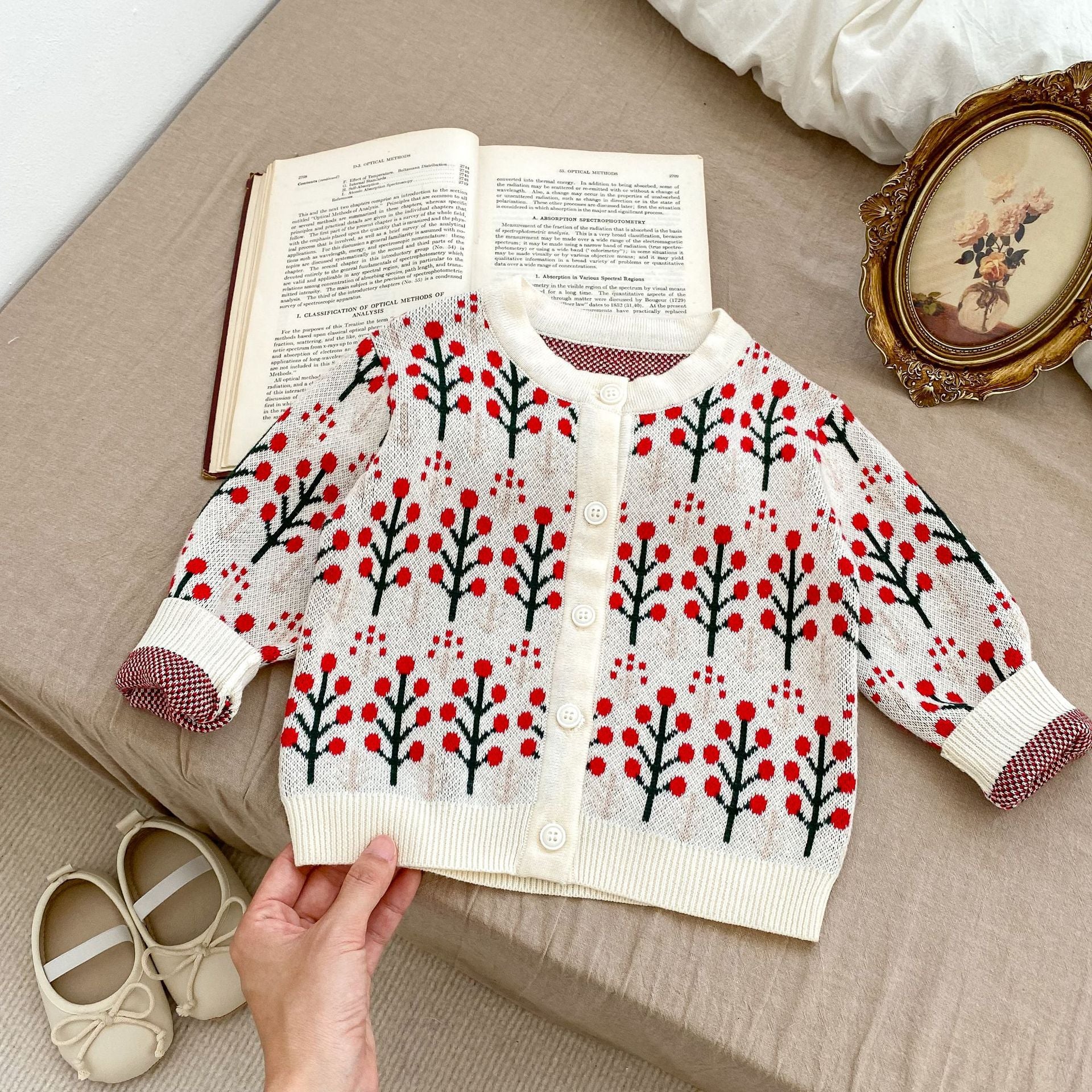 Autumn Flower Pattern Knitwears Cardigan and Onesies for baby girls in white, beige, and apricot colors, showcasing floral designs.