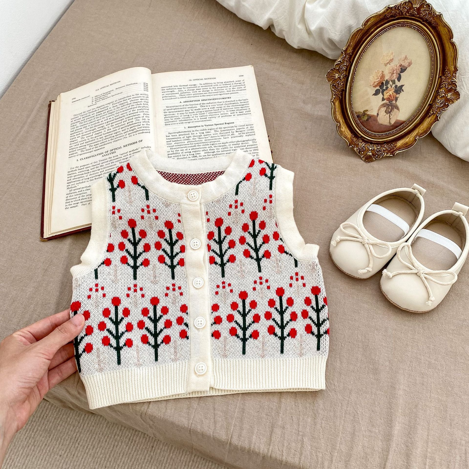 Autumn Flower Pattern Knitwears Cardigan and Onesies for baby girls in white, beige, and apricot colors, showcasing floral designs.