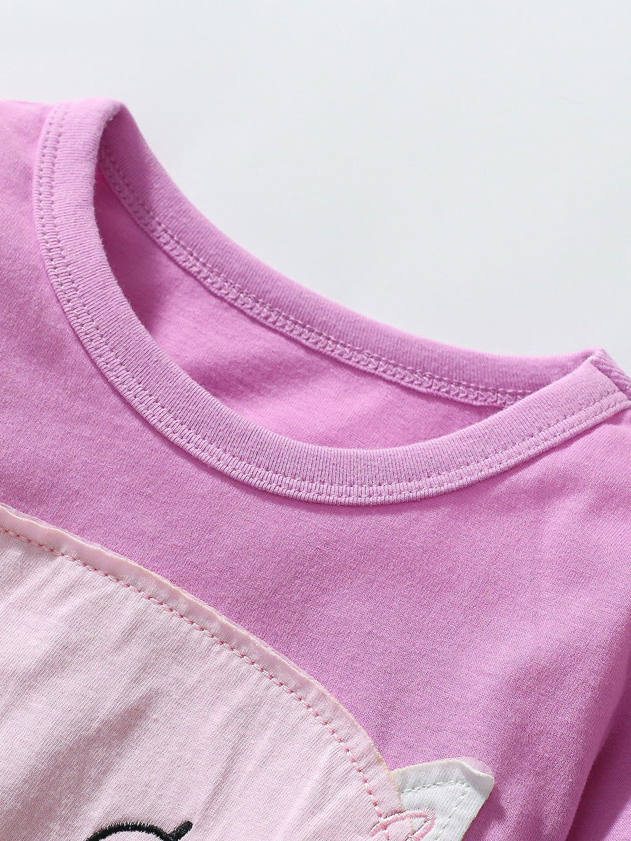 A purple long-sleeved t-shirt for girls featuring a cute fox cartoon pattern, made from soft cotton material.