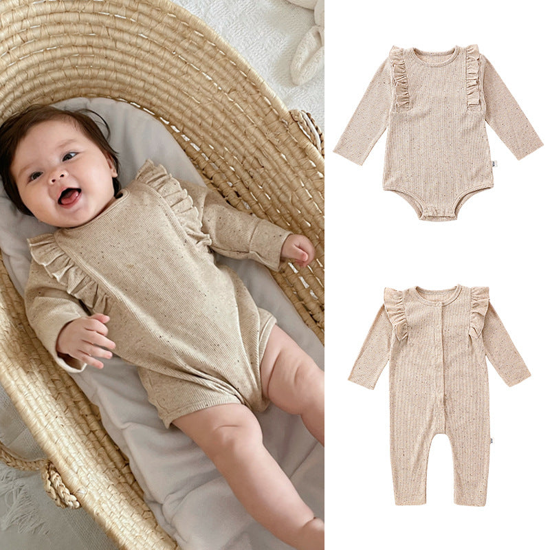 Autumn Hot Selling Baby Unisex Tiny Dots Pattern Long Sleeves Onesies in khaki and coffee colors, made from soft cotton blend material.