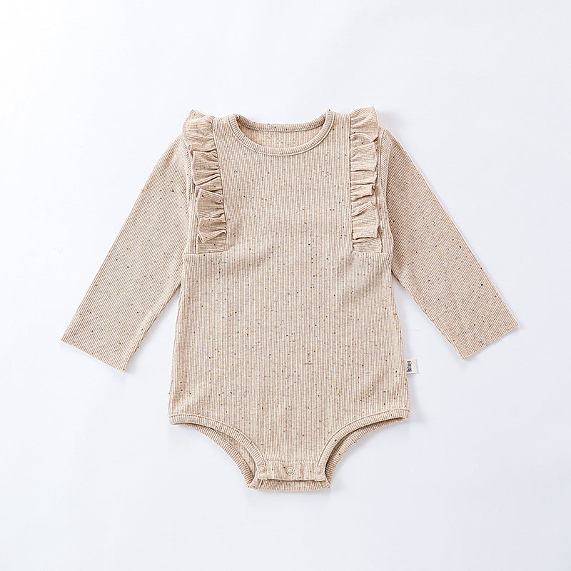 Autumn Hot Selling Baby Unisex Tiny Dots Pattern Long Sleeves Onesies in khaki and coffee colors, made from soft cotton blend material.