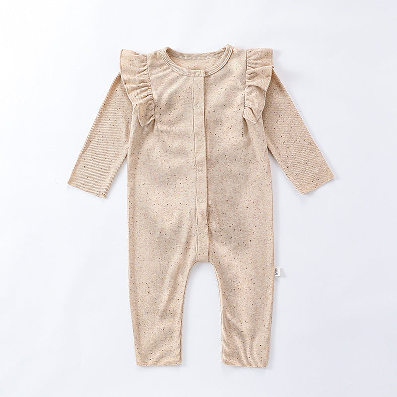 Autumn Hot Selling Baby Unisex Tiny Dots Pattern Long Sleeves Onesies in khaki and coffee colors, made from soft cotton blend material.