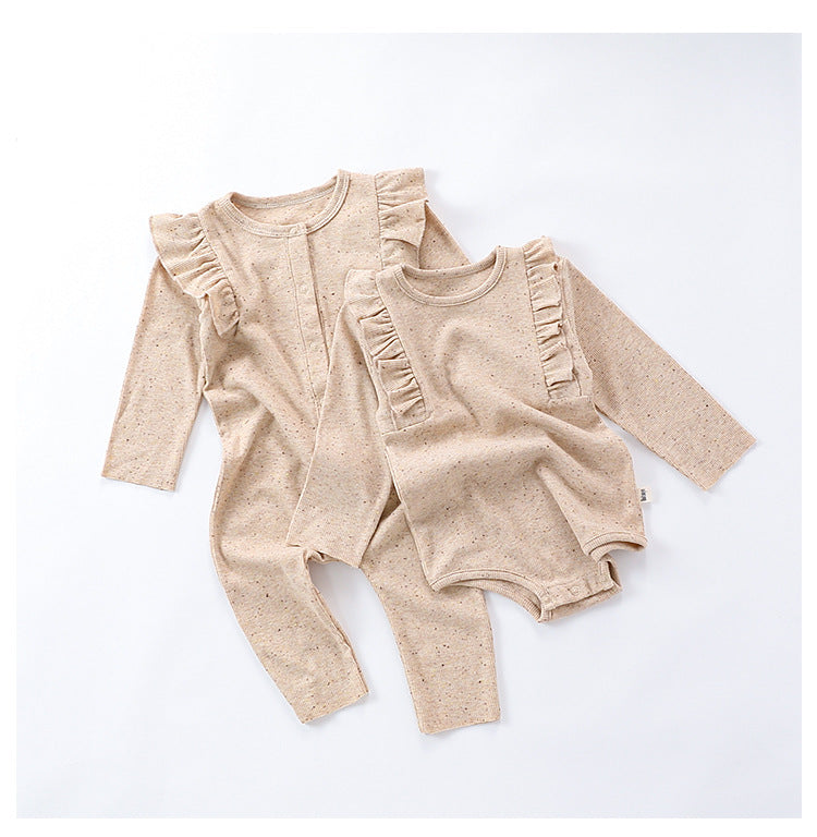 Autumn Hot Selling Baby Unisex Tiny Dots Pattern Long Sleeves Onesies in khaki and coffee colors, made from soft cotton blend material.