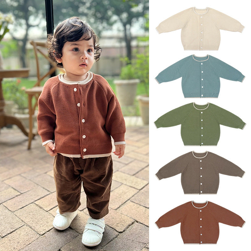 A cozy and stylish knitted long for babies, available in multiple colors including blue, green, beige, brown, and coffee, suitable for both boys and girls.