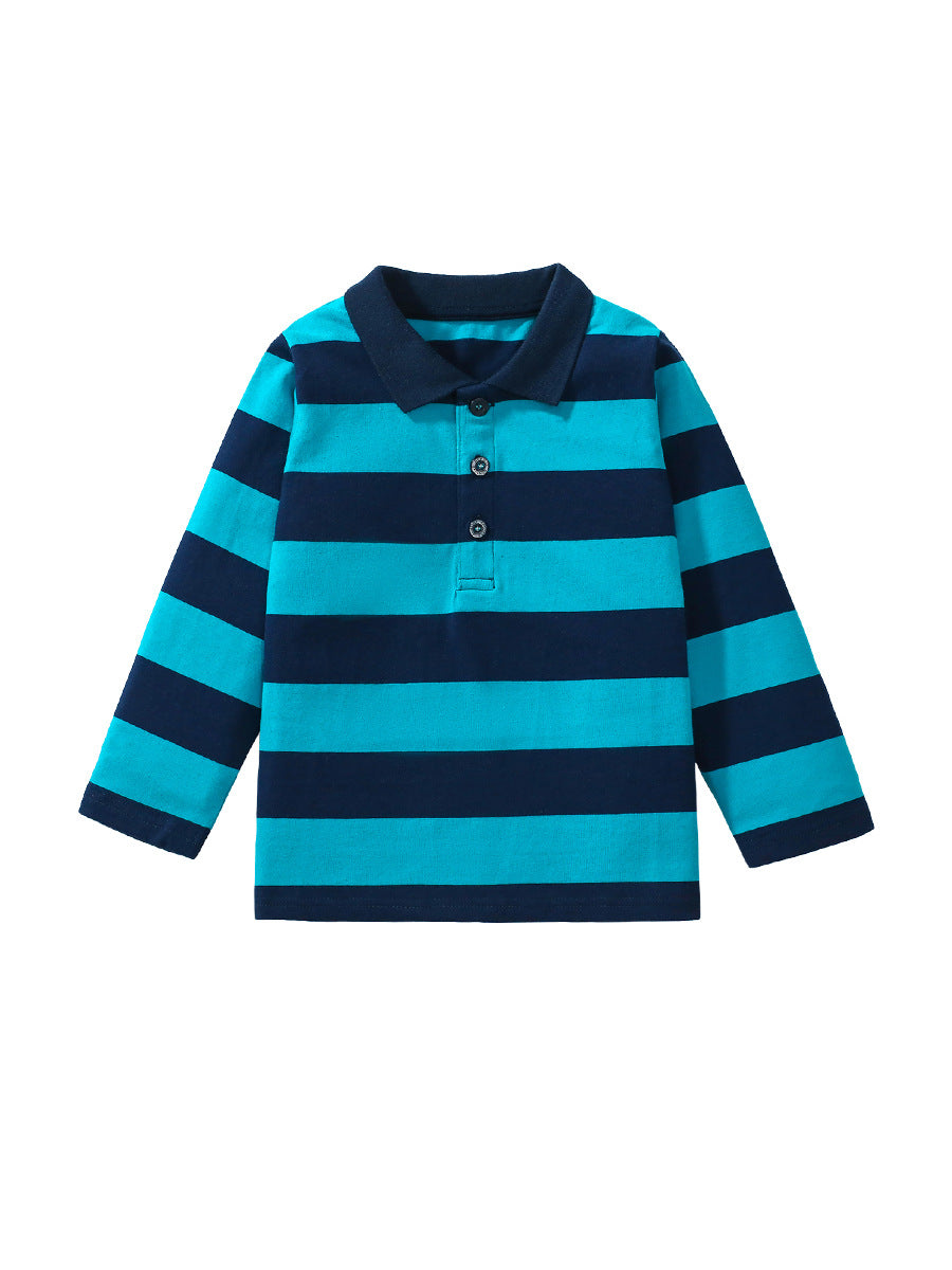 A stylish blue striped long sleeves polo shirt for kids, showcasing its soft cotton fabric and trendy design.