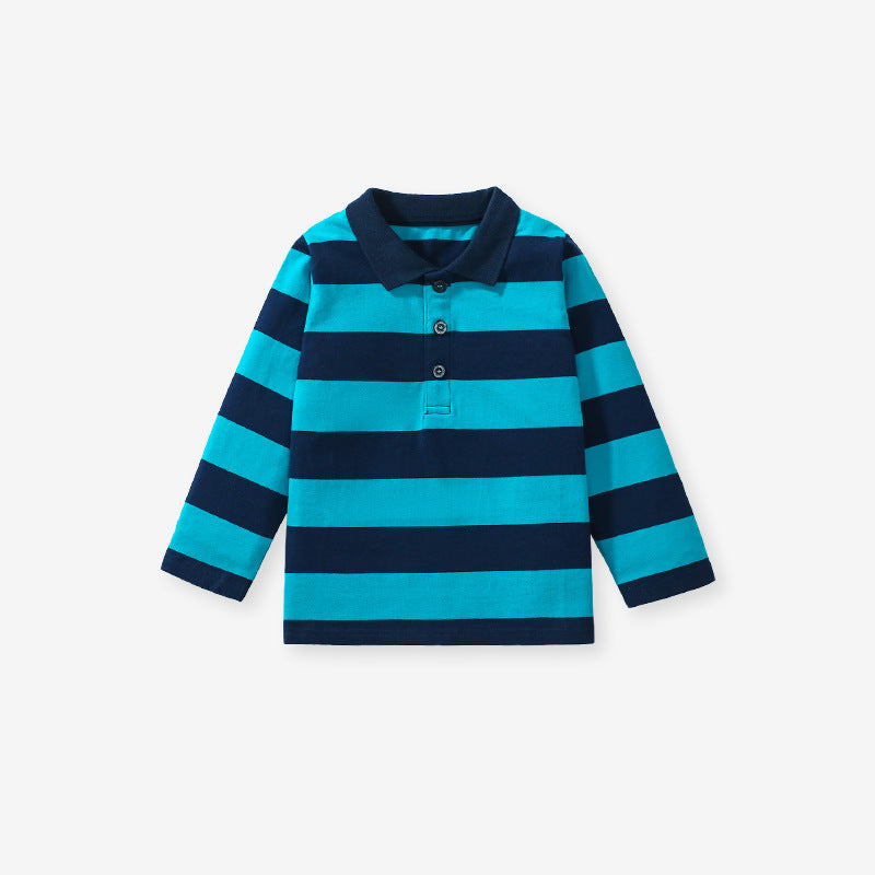 A stylish blue striped long sleeves polo shirt for kids, showcasing its soft cotton fabric and trendy design.