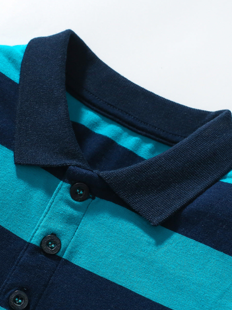A stylish blue striped long sleeves polo shirt for kids, showcasing its soft cotton fabric and trendy design.