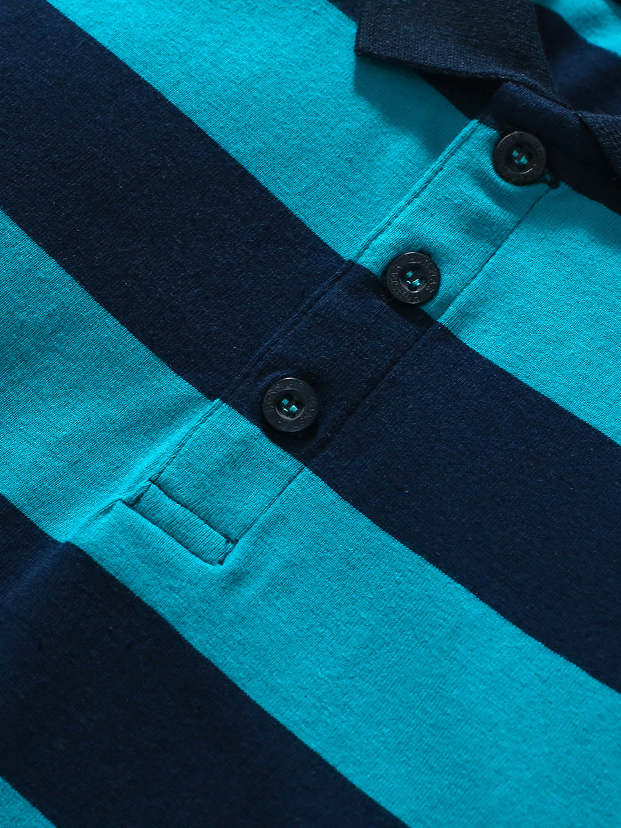 A stylish blue striped long sleeves polo shirt for kids, showcasing its soft cotton fabric and trendy design.