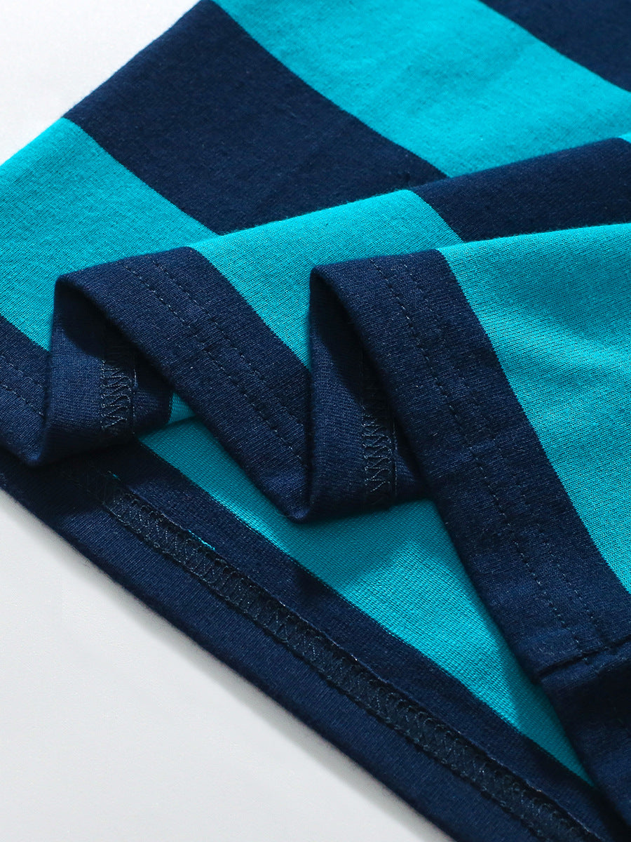 A stylish blue striped long sleeves polo shirt for kids, showcasing its soft cotton fabric and trendy design.