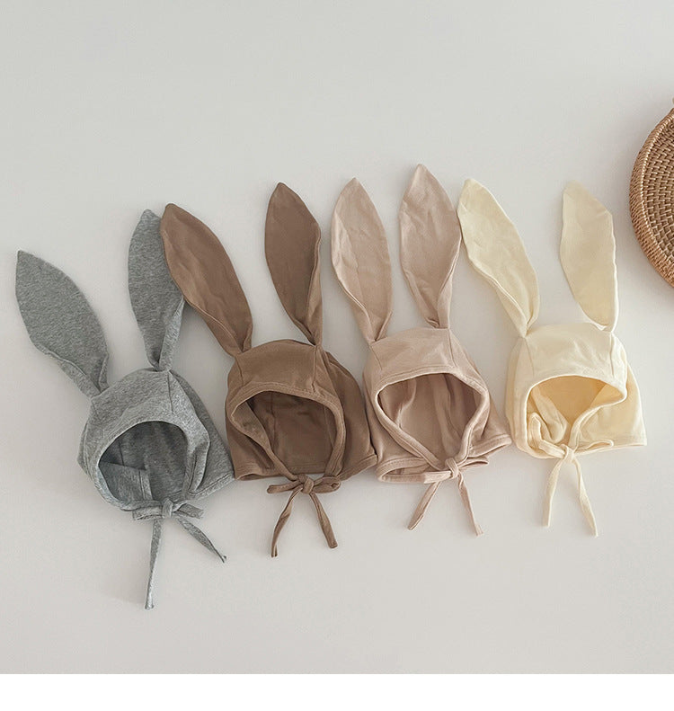 Adorable Autumn Rabbits Design Hat for Baby with tie straps, available in various colors, made from soft cotton blend material.