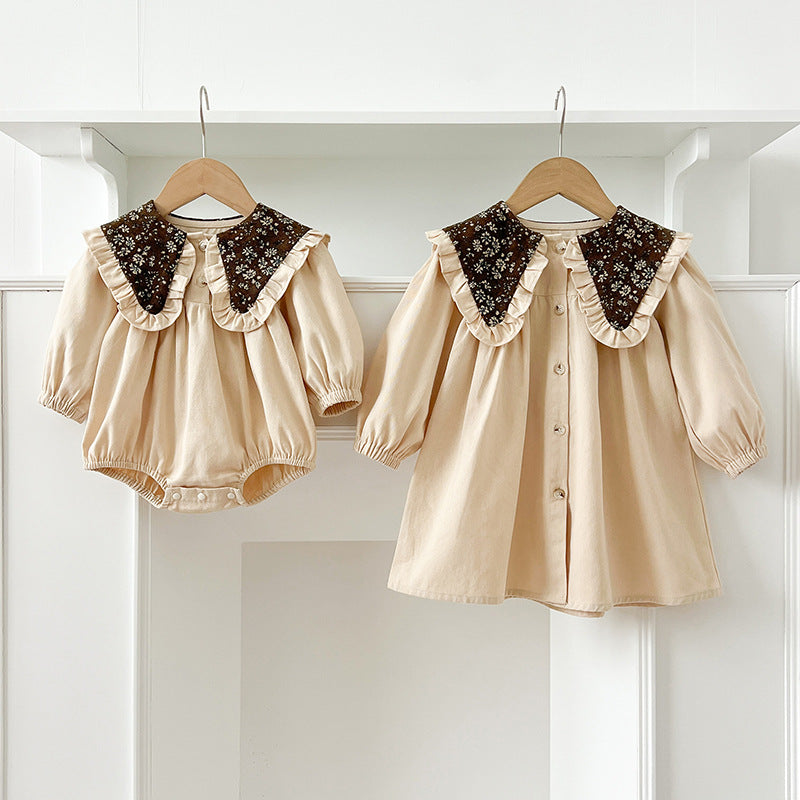 A beautiful Autumn Vintage Flowers Pattern Embroidery Collar for baby girls, featuring intricate floral designs in beige and apricot colors.