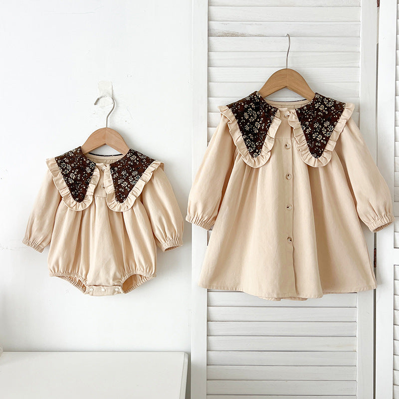 A beautiful Autumn Vintage Flowers Pattern Embroidery Collar for baby girls, featuring intricate floral designs in beige and apricot colors.