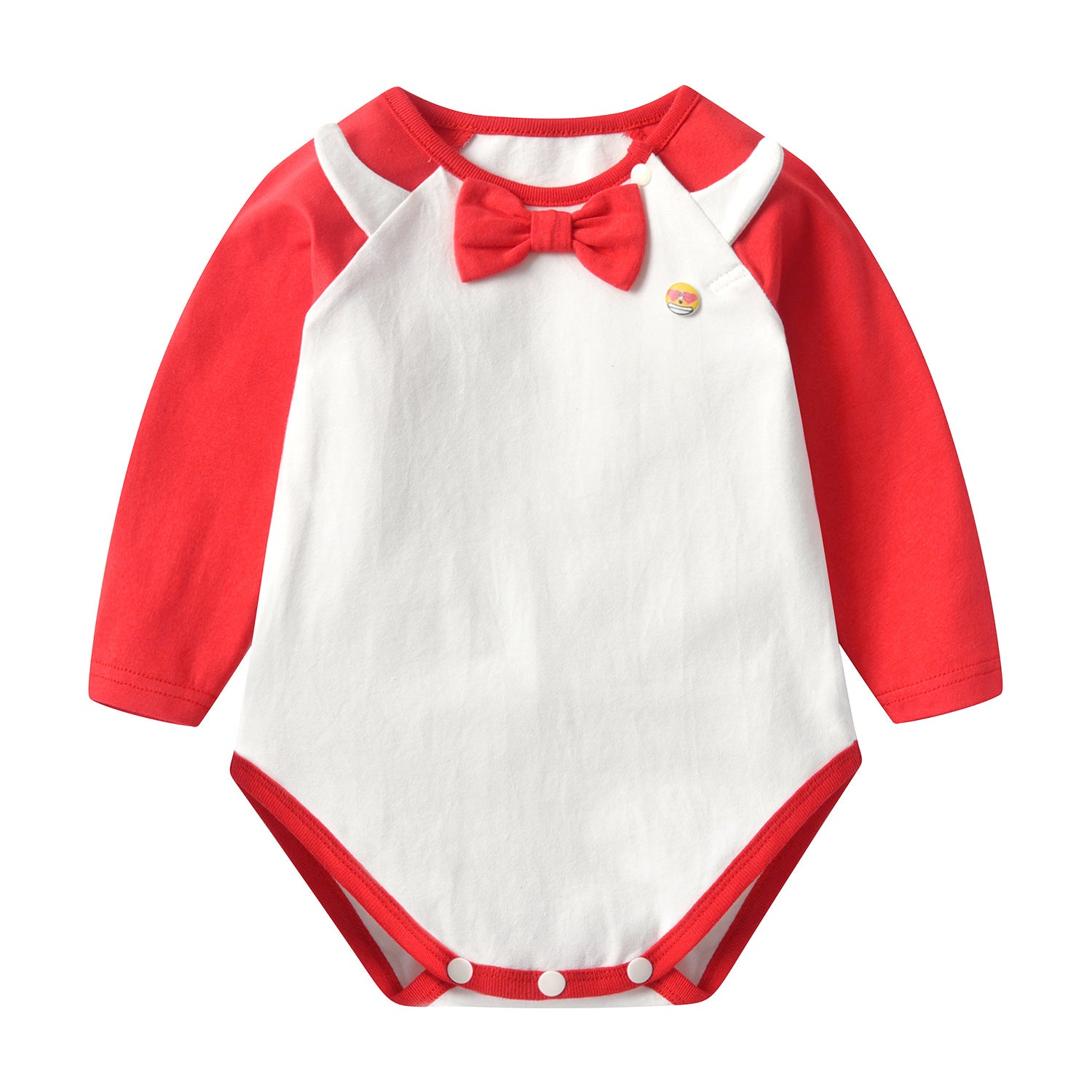 A stylish Baby Bow Tie Patched Onesie Bodysuit in vibrant colors, featuring a bow tie and patchwork design, perfect for special occasions.