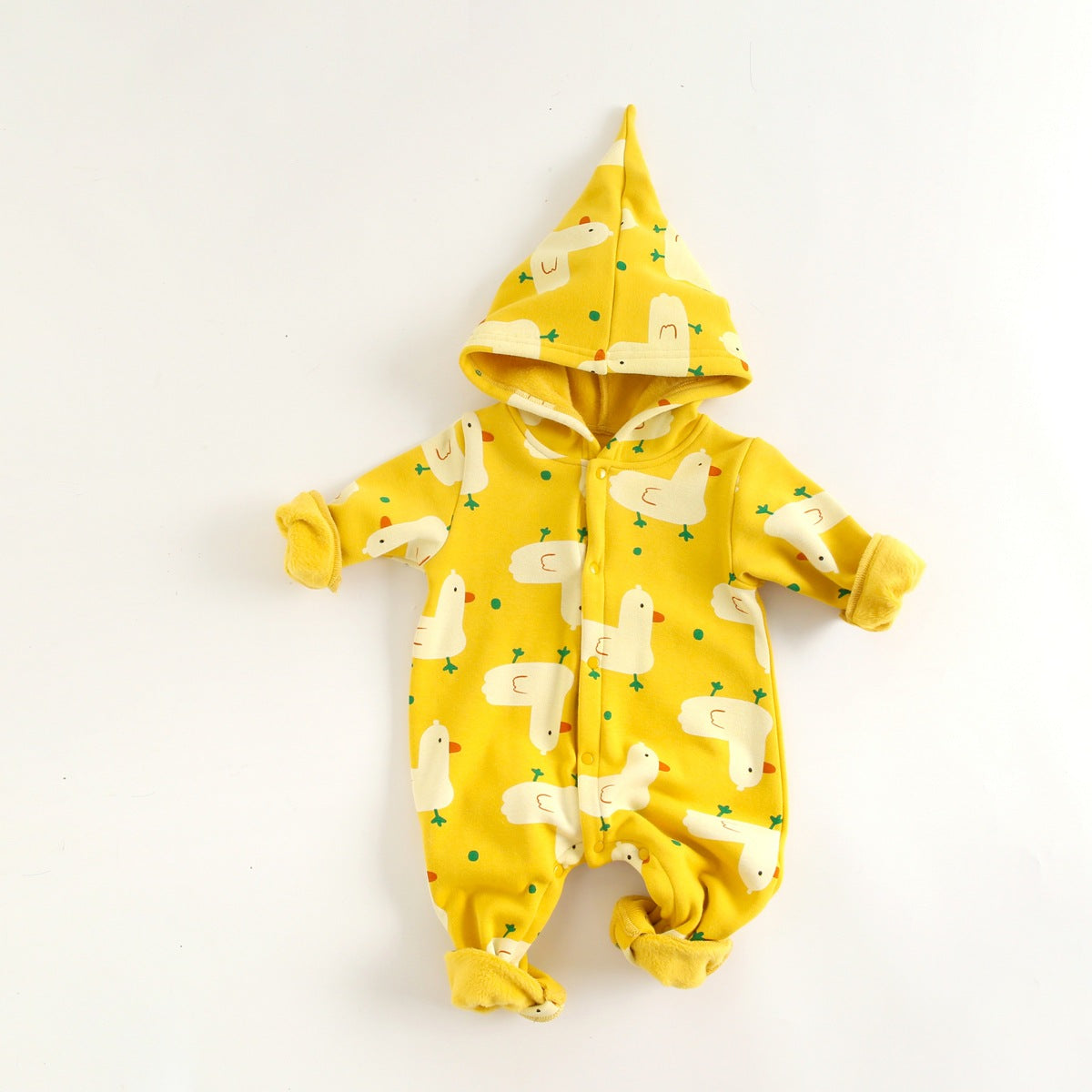Baby wearing a cute cartoon duck print romper with matching hat, showcasing vibrant colors and playful design.