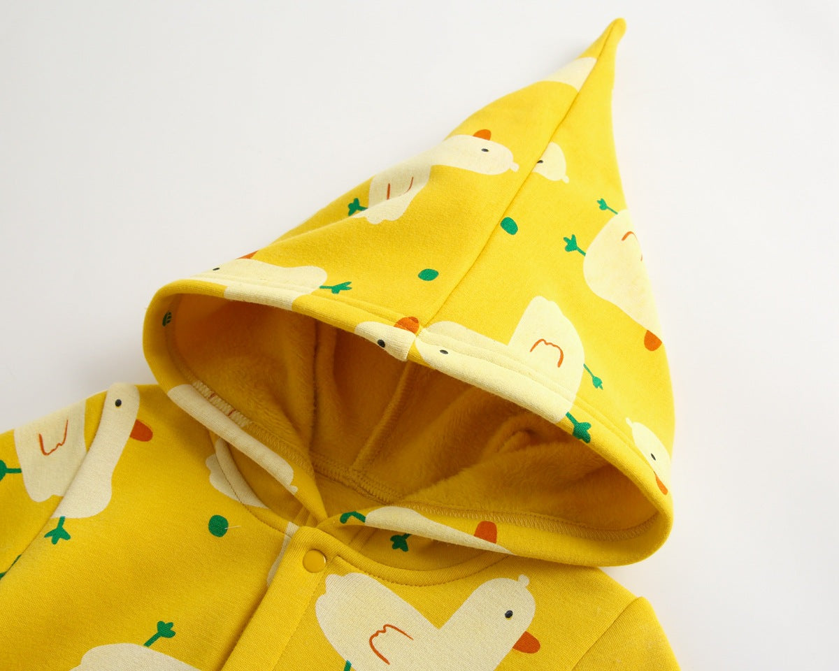Baby wearing a cute cartoon duck print romper with matching hat, showcasing vibrant colors and playful design.