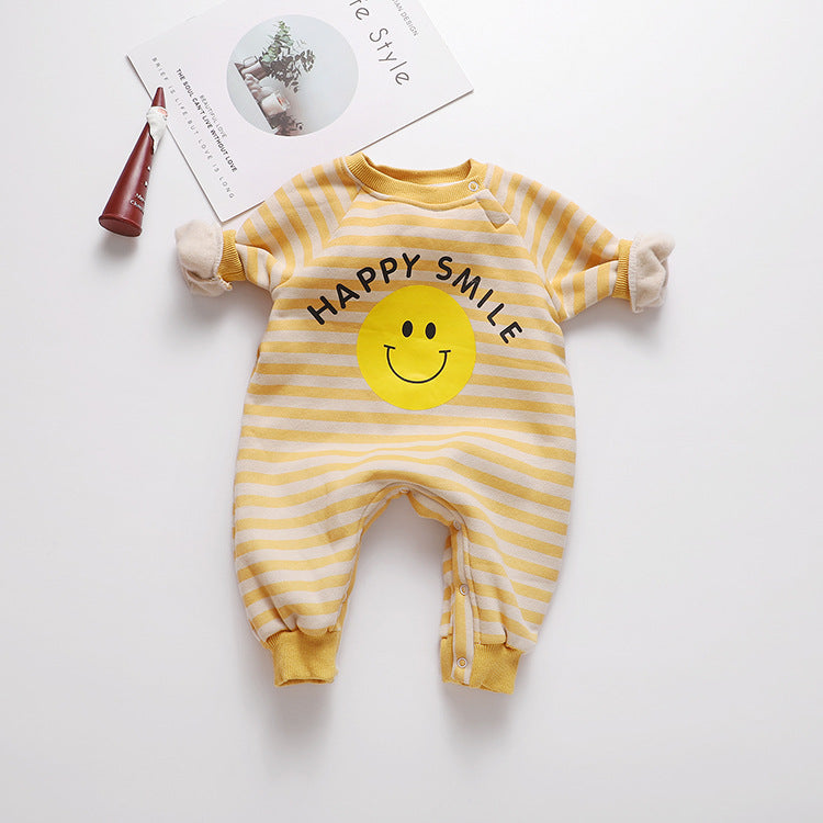 Baby long sleeved romper jumpsuit featuring striped and polka dot patterns in yellow and light yellow colors, perfect for infants.