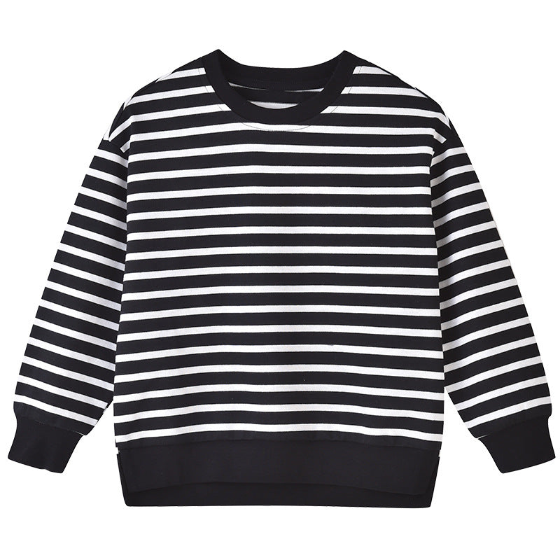 A cozy baby hoodie featuring a striped pattern, long sleeves, and a roomy hood, available in black, blue, and green colors.