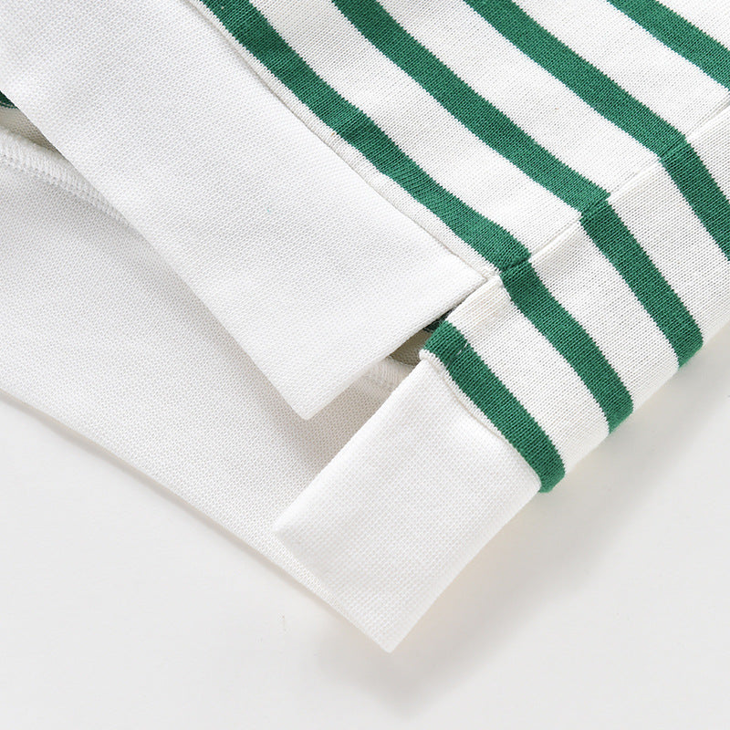 A cozy baby hoodie featuring a striped pattern, long sleeves, and a roomy hood, available in black, blue, and green colors.