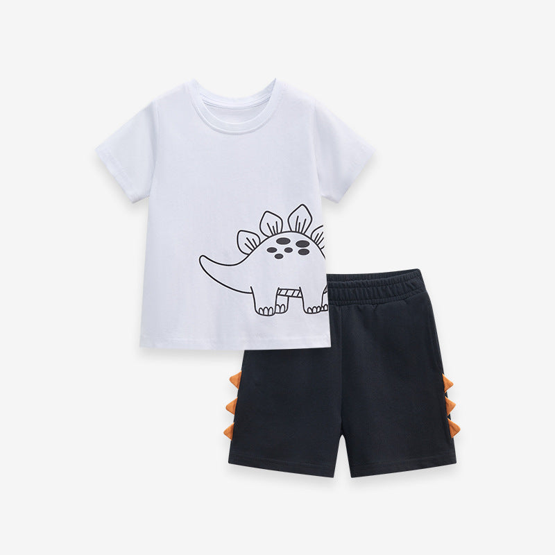 Baby and kids boys dinosaur cartoon short sleeves top and shorts set in white, featuring playful dinosaur graphics, perfect for summer wear.