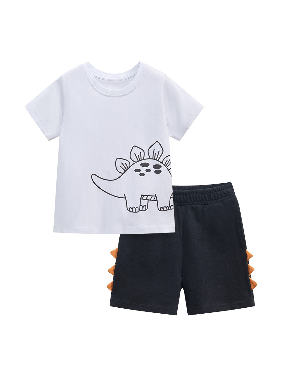 Baby and kids boys dinosaur cartoon short sleeves top and shorts set in white, featuring playful dinosaur graphics, perfect for summer wear.