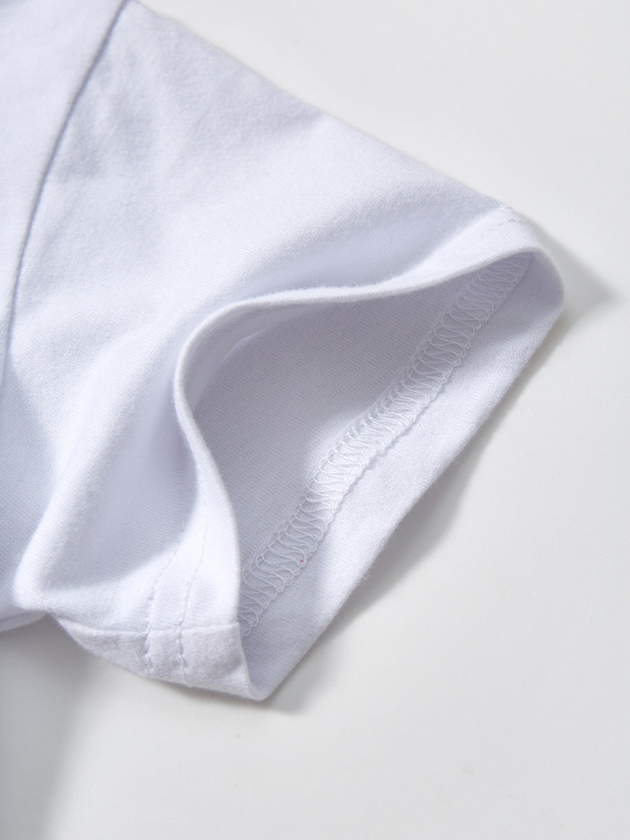 Baby and kids boys dinosaur cartoon short sleeves top and shorts set in white, featuring playful dinosaur graphics, perfect for summer wear.