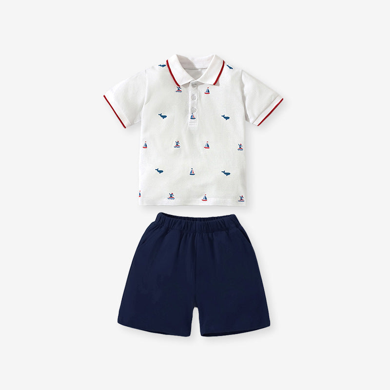 Baby and Kids Boys Polo Top and Shorts Casual Clothing Set in white and pink with cartoon pattern, perfect for summer wear.