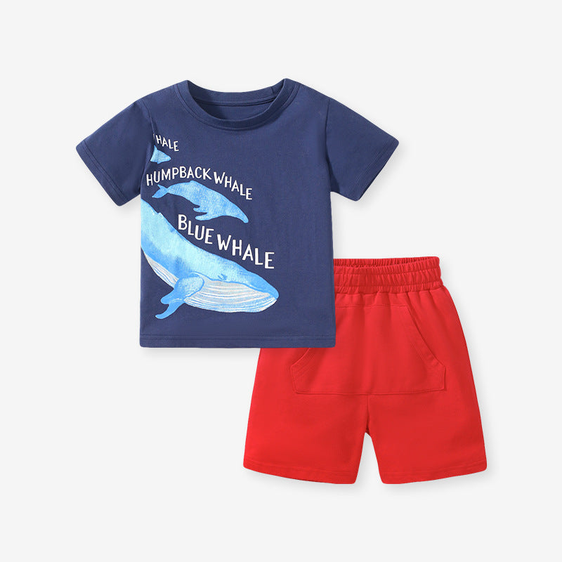Baby and kids boys casual outfit featuring a whale cartoon design in navy blue, consisting of a short sleeves top and matching shorts.