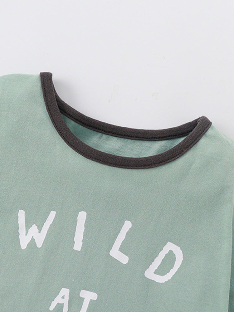 Baby and kids boys green short sleeves top and shorts set featuring a playful words print design, perfect for summer wear.