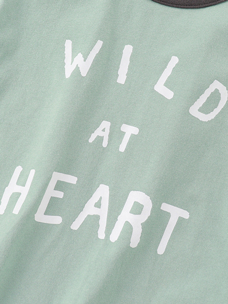 Baby and kids boys green short sleeves top and shorts set featuring a playful words print design, perfect for summer wear.