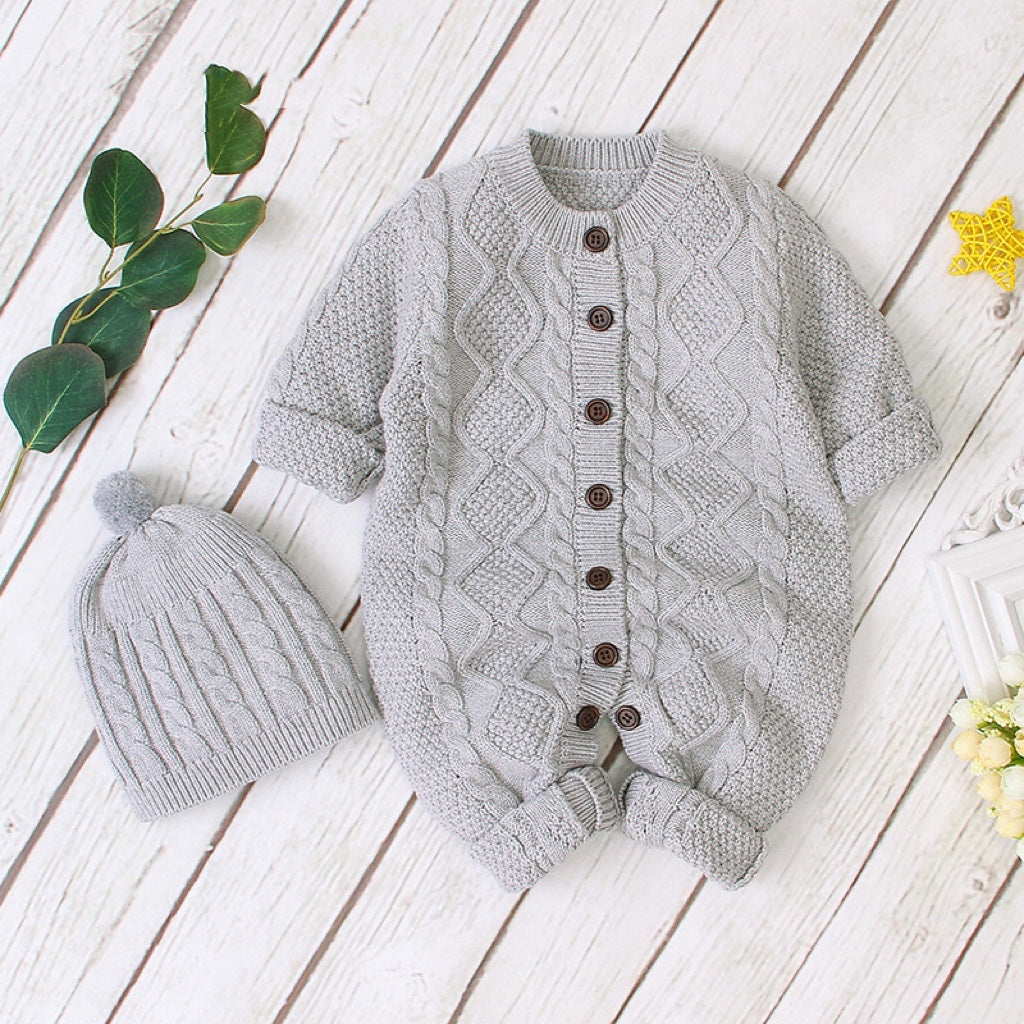 Baby Baby Cable Knitted Pattern Long Sleeve Romper and Hat in white and grey, featuring a button front design for easy dressing.