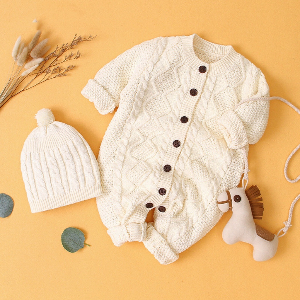 Baby Baby Cable Knitted Pattern Long Sleeve Romper and Hat in white and grey, featuring a button front design for easy dressing.